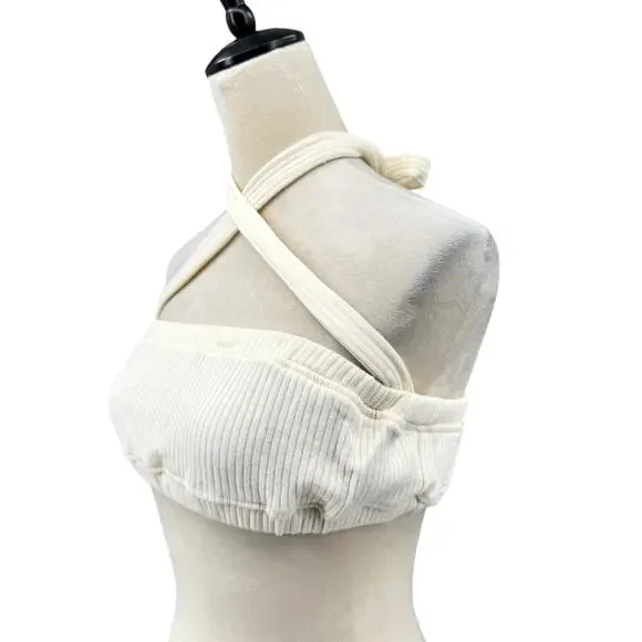 We Wore What NWT Tie Halter Bra Ribbed Ivory Cream Cropped Bandeau Top - Picture 5 of 14